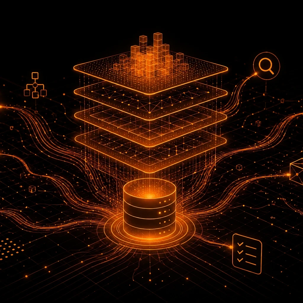 EM360Tech graphic titled “Why AI Success Depends On Data Foundations”. The image shows a layered, glowing orange data architecture on a black background, with interconnected data flows, database icons, network structures, and enterprise technology symbols. Streams of data connect through multiple platform layers, illustrating how AI systems rely on strong data foundations. Text reads: “We show why AI-ready data foundations are becoming a bigger differentiator than model choice in enterprise AI.” 