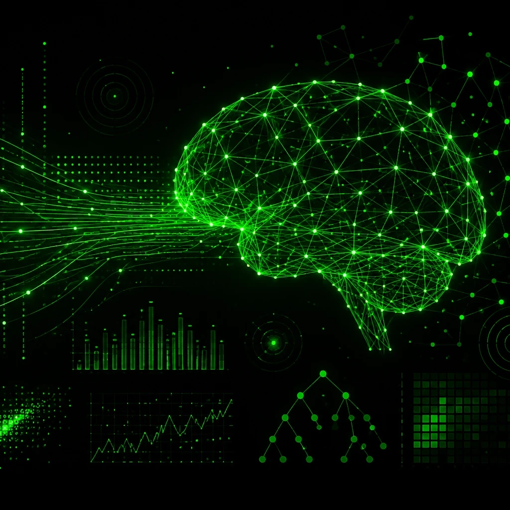 EM360Tech header graphic featuring the title "How Machine Learning Algorithms Shape Decisions" over a black background with bright green data streams flowing into a wireframe neural-network brain. The design includes connected nodes, analytics charts, network patterns and visual representations of machine learning, predictive models and algorithm-driven decision-making. Subtitle reads: "We explain how machine learning algorithms influence business outcomes and what leaders should understand before relying o