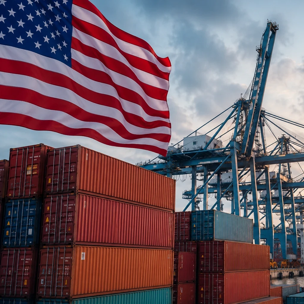 Header graphic for an EM360Tech news article showing a large US flag flying above shipping containers, port cranes and a cargo ship at a commercial seaport during sunrise or sunset. Overlaid text reads: "EM360TECH" and "US Rebuilds Global Tariff Wall With New Duties on 60 Trading Partners".