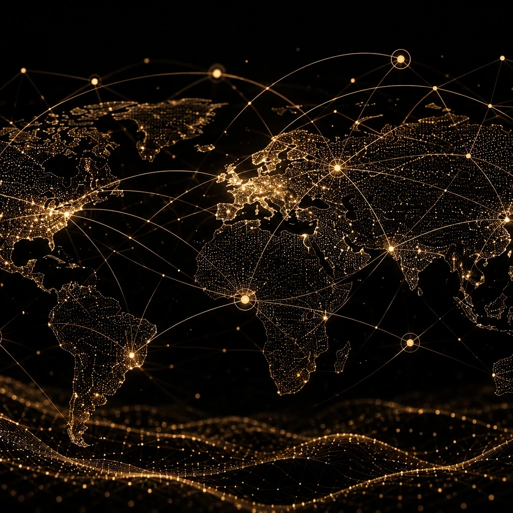 A black background featuring a glowing gold world map made up of thousands of illuminated dots. Curved gold lines connect different regions across North America, Europe, Africa, Asia, and Australia, creating the appearance of a global digital network. Large white text in the centre reads "How The Global Startup Ecosystem Is Changing", with the EM360 logo in the top right corner. Beneath the title is a subtitle about the forces reshaping startup ecosystems, innovation, investment, and long-term growth.