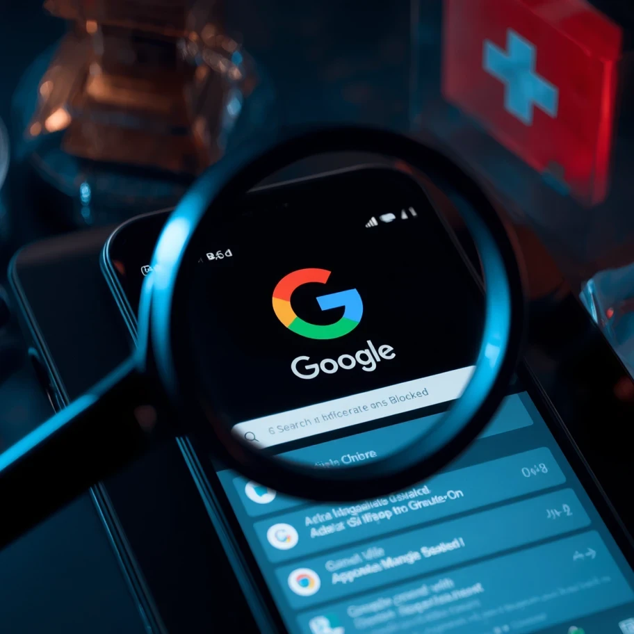 Google Android logo displayed on a smartphone as Swiss competition regulator COMCO investigates the removal of the search choice screen.