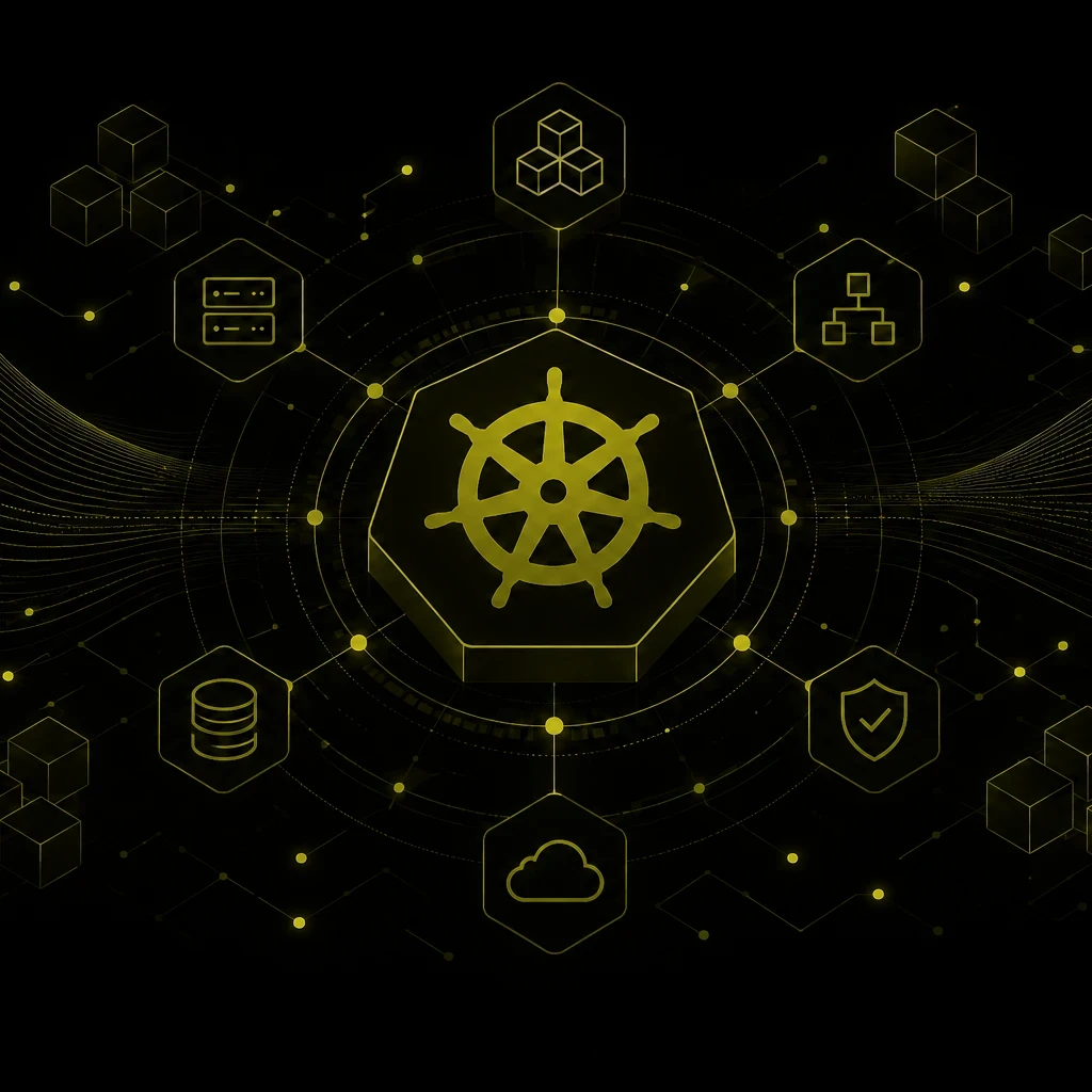 EM360Tech article header titled "Kubernetes Orchestration for Enterprises". The design features a black background with olive-gold Kubernetes-inspired infrastructure graphics, including server, database, security, container, and network architecture icons connected through a central orchestration hub. Abstract data flow lines and interconnected nodes illustrate how Kubernetes coordinates enterprise applications, infrastructure, governance, security, and operational management. 