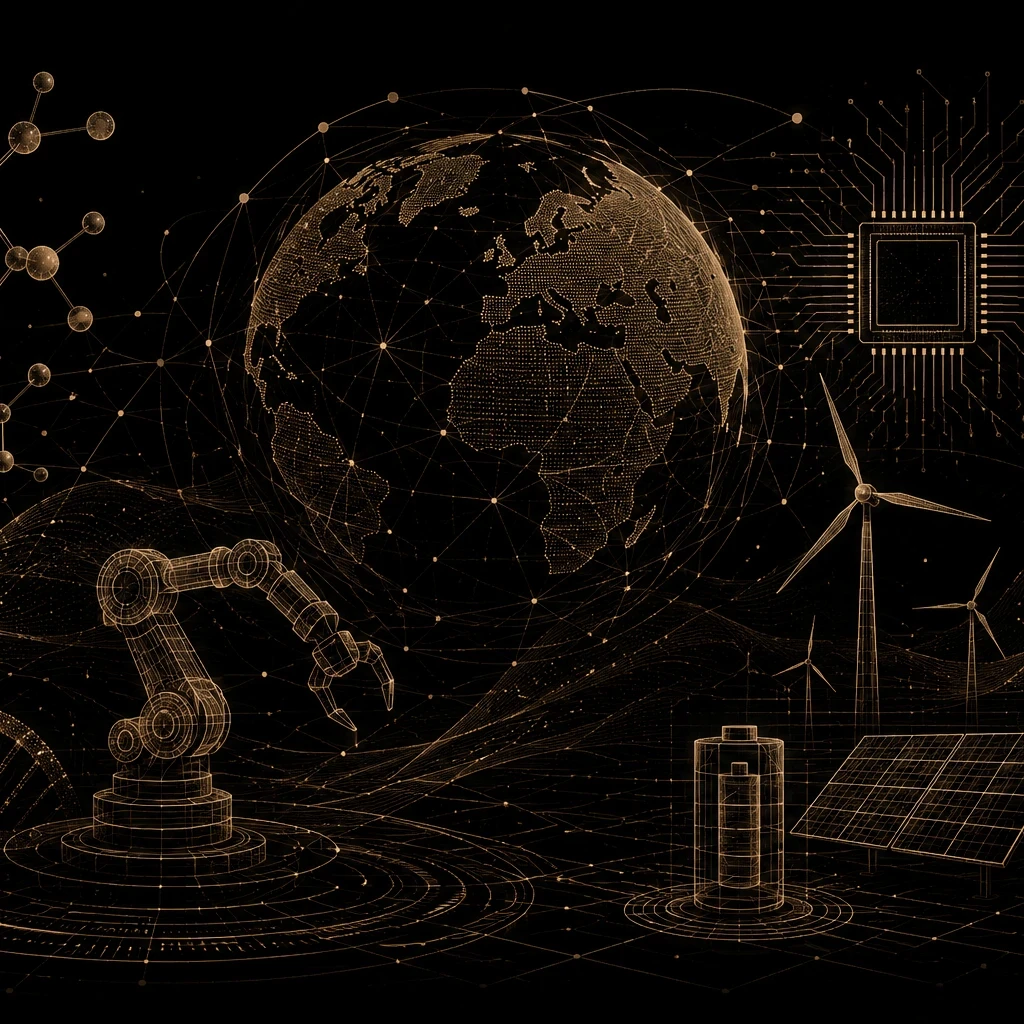 EM360Tech header graphic titled “Deep Tech Explained for Enterprise Leaders”. A black background features interconnected beige-gold technology illustrations, including a digital globe, molecular structures, a robotic arm, a DNA strand, a microchip, a wind turbine, a battery, and a solar panel, representing advanced scientific and engineering innovation. The subtitle reads: “We explain what makes deep tech different, why it's becoming strategically important and how enterprises can evaluate its real-world po