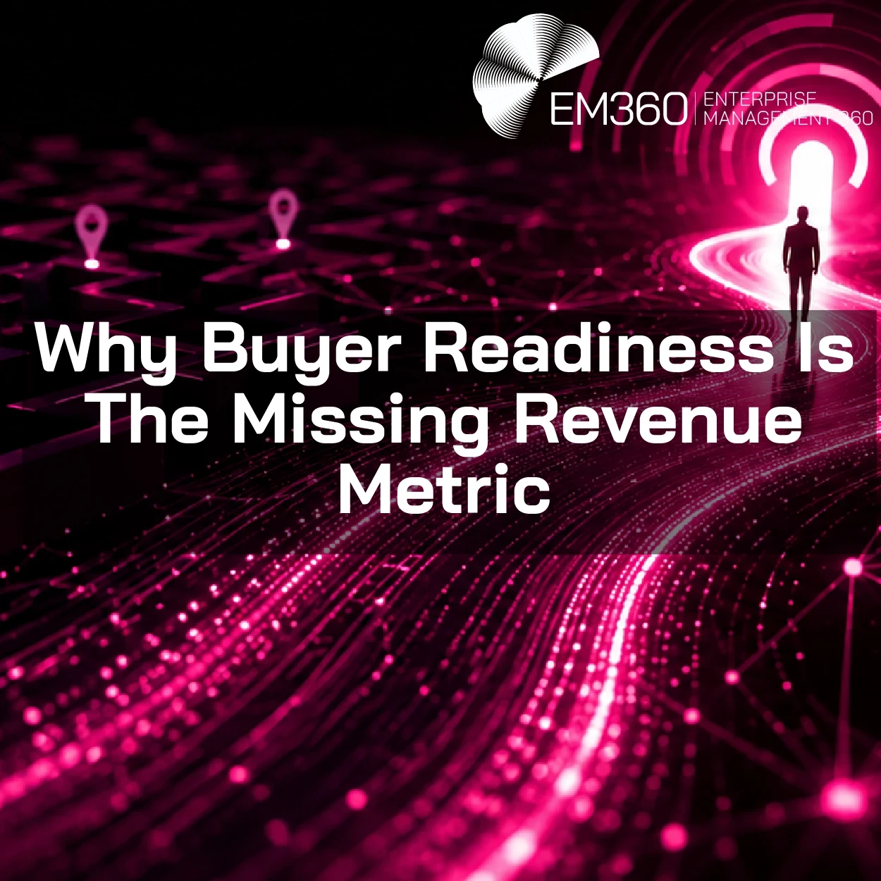  Header graphic for an article about buyer readiness, showing a lone figure walking along a glowing deep magenta digital pathway toward a bright portal. Connected data points, network lines, and location markers surround the path, representing the enterprise buying journey, decision-making, buyer confidence, and progression toward sales readiness. The image includes the title "Why Buyer Readiness Is The Missing Revenue Metric".