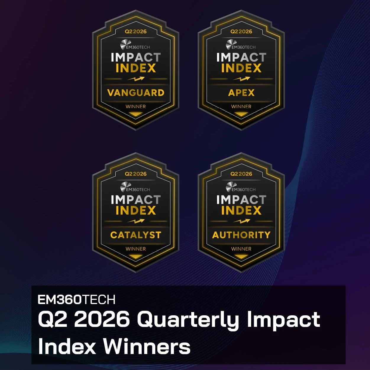 EM360Tech Q2 2026 Quarterly Impact Index Winners header graphic featuring four black and gold award badges labelled Vanguard Winner, Apex Winner, Catalyst Winner, and Authority Winner. Below the badges, the headline reads: "EM360TECH Q2 2026 Quarterly Impact Index Winners" on a dark blue and purple gradient background with subtle abstract wave patterns. 