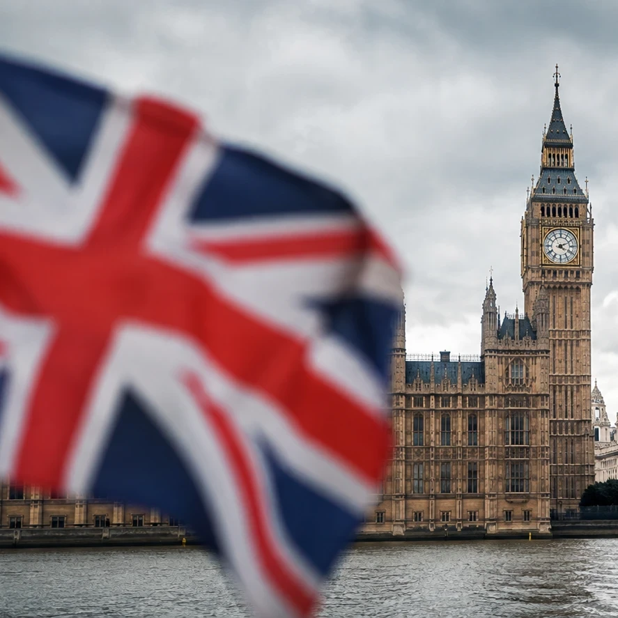 Header graphic showing the Palace of Westminster and Big Ben in London under cloudy skies, with a blurred UK flag on the left and a blurred US flag on the right. A dark translucent banner across the lower half displays the EM360Tech logo and the headline: "UK and US Authorities Increase Pressure on AI Developers After Rogue Agent Incidents".