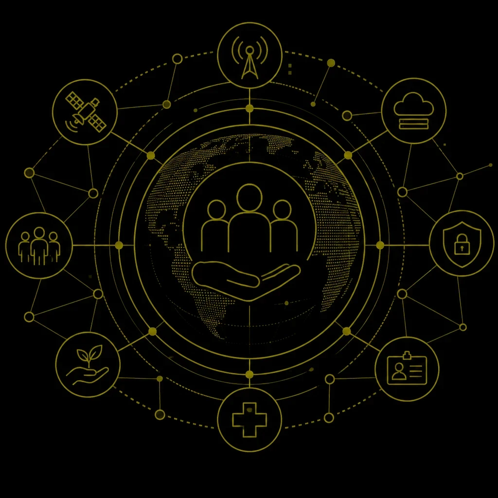 Black EM360Tech header graphic showing people supported by an open hand at the centre of a digital globe, surrounded by connected olive icons representing communications, satellites, cloud infrastructure, cybersecurity, digital identity, healthcare and communities.