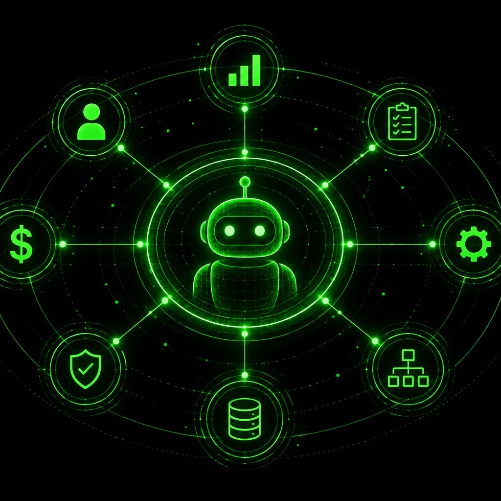 Black and neon-green header graphic showing a glowing robot at the centre of a circular network, connected by lines to eight surrounding icons: a person, bar chart, checklist, cog, flowchart, database, shield and dollar sign. White text reads “AI Agents and AI Value Management”, followed by “We look at why AI agents are turning value management into a continuous enterprise discipline tied to cost, autonomy and business outcomes.” The EM360 Enterprise Management 360 logo appears at the top right. 
