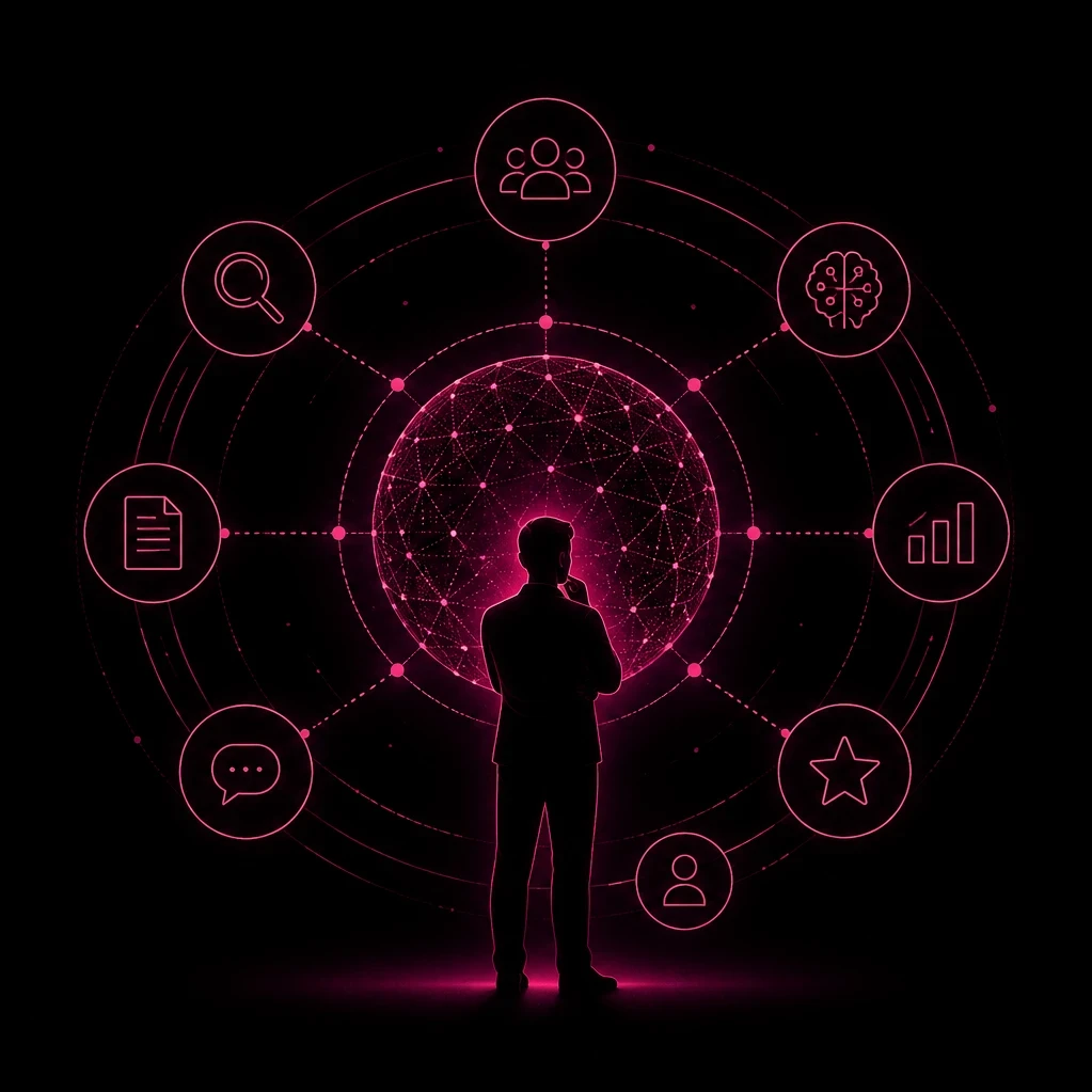  A silhouetted business professional stands before a glowing interconnected digital network surrounded by icons representing AI, search, analytics, documents, communication and collaboration, illustrating how enterprise buyers evaluate multiple information sources before making decisions. The artwork uses deep dark magenta on a black background with the EM360Tech logo in the top-right corner. The on-image text reads: "How Enterprise Buyers Build Decision Confidence".