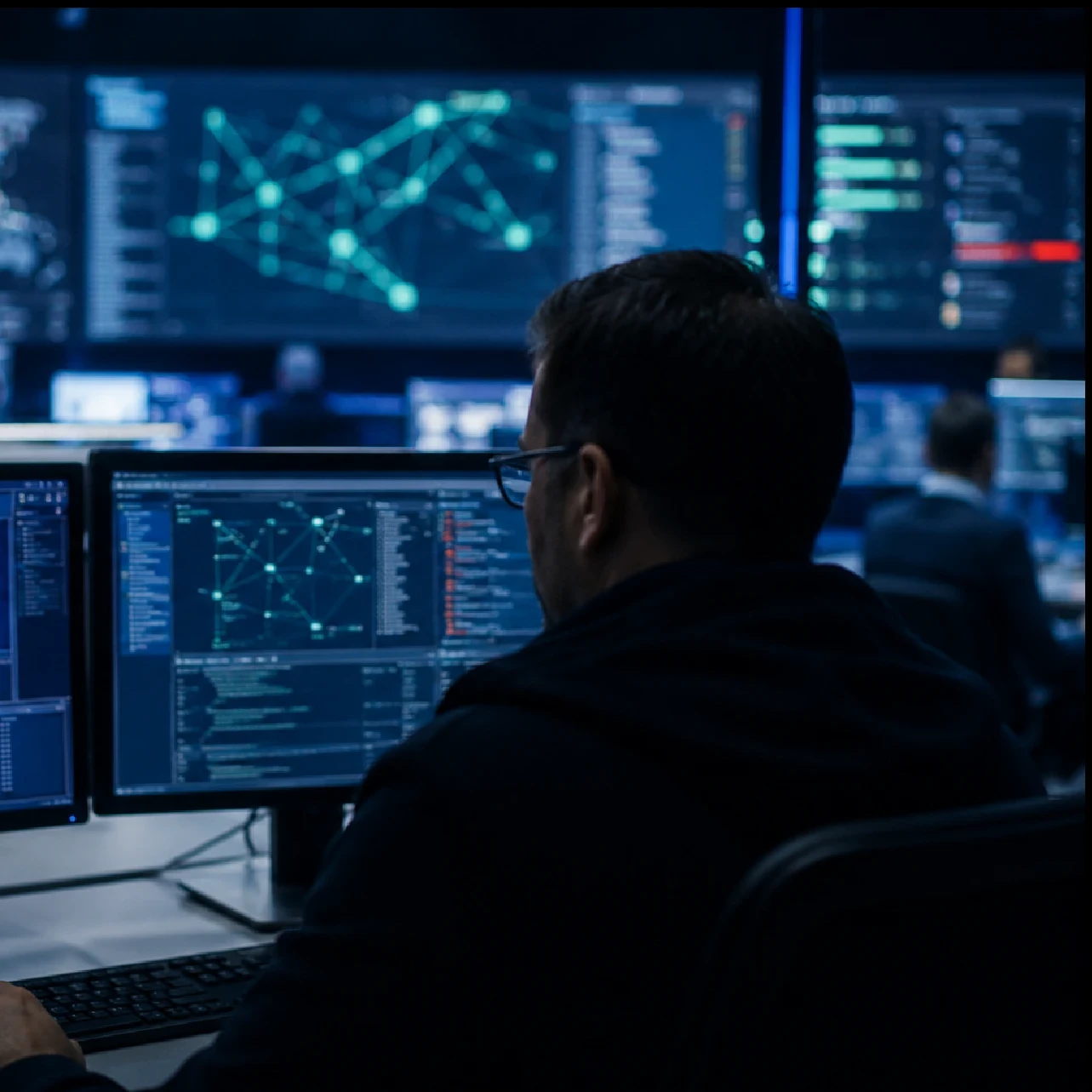 A cybersecurity operations centre with analysts working at computer monitors displaying code, network maps and security dashboards. A dark overlay reads: “EM360TECH AI Hacking Fears Are Fueling A New Cybersecurity Spending Rush.”