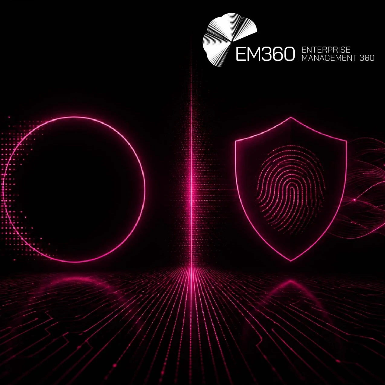 EM360Tech graphic titled “The Difference Between Visibility And Credibility In B2B Marketing”, with the EM360 logo above a black background featuring deep magenta digital patterns, a circle, shield with fingerprint, flowing data lines and a circuit-like grid.