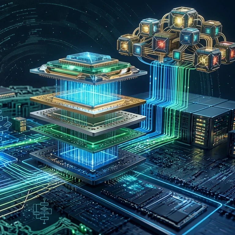 Computer chip architecture showing multiple processing components, memory and interconnects representing the evolution of computer architecture in 2026.