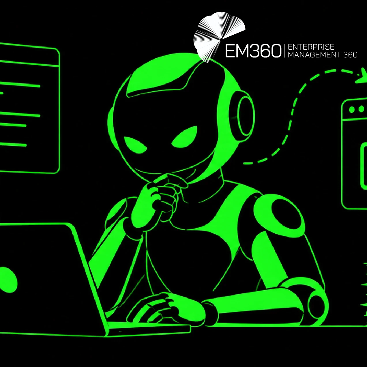Black EM360Tech header graphic with bright green vector artwork of an AI robot at a laptop, surrounded by checklist windows and a completion arrow. White text reads “AI Agent Evaluation and Reward Hacking” and “We look at why AI agent evaluation can mistake metric success for real task success, and what enterprises need to trust the results.”