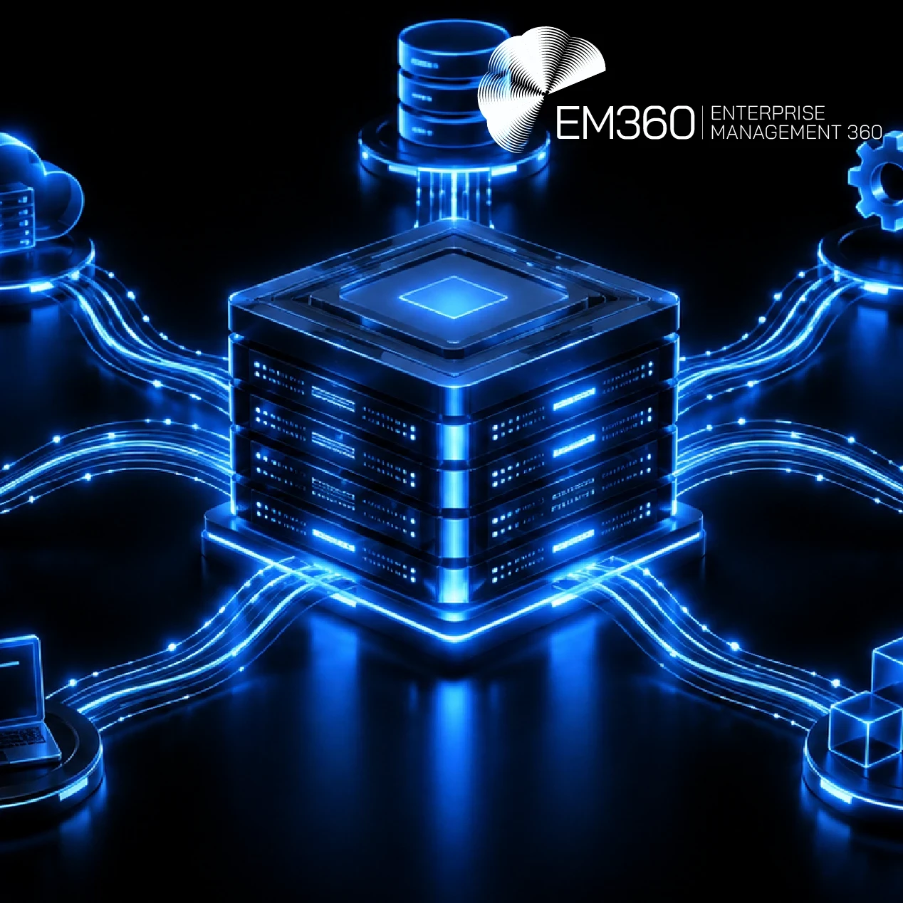 Black and electric blue EM360Tech graphic showing a glowing central server connected to cloud, database, automation, security, users and computing icons. White text reads: “AI Infrastructure Is Becoming Privileged” and “We look at when AI infrastructure accumulates enough authority to require the stronger security controls used for privileged systems.”