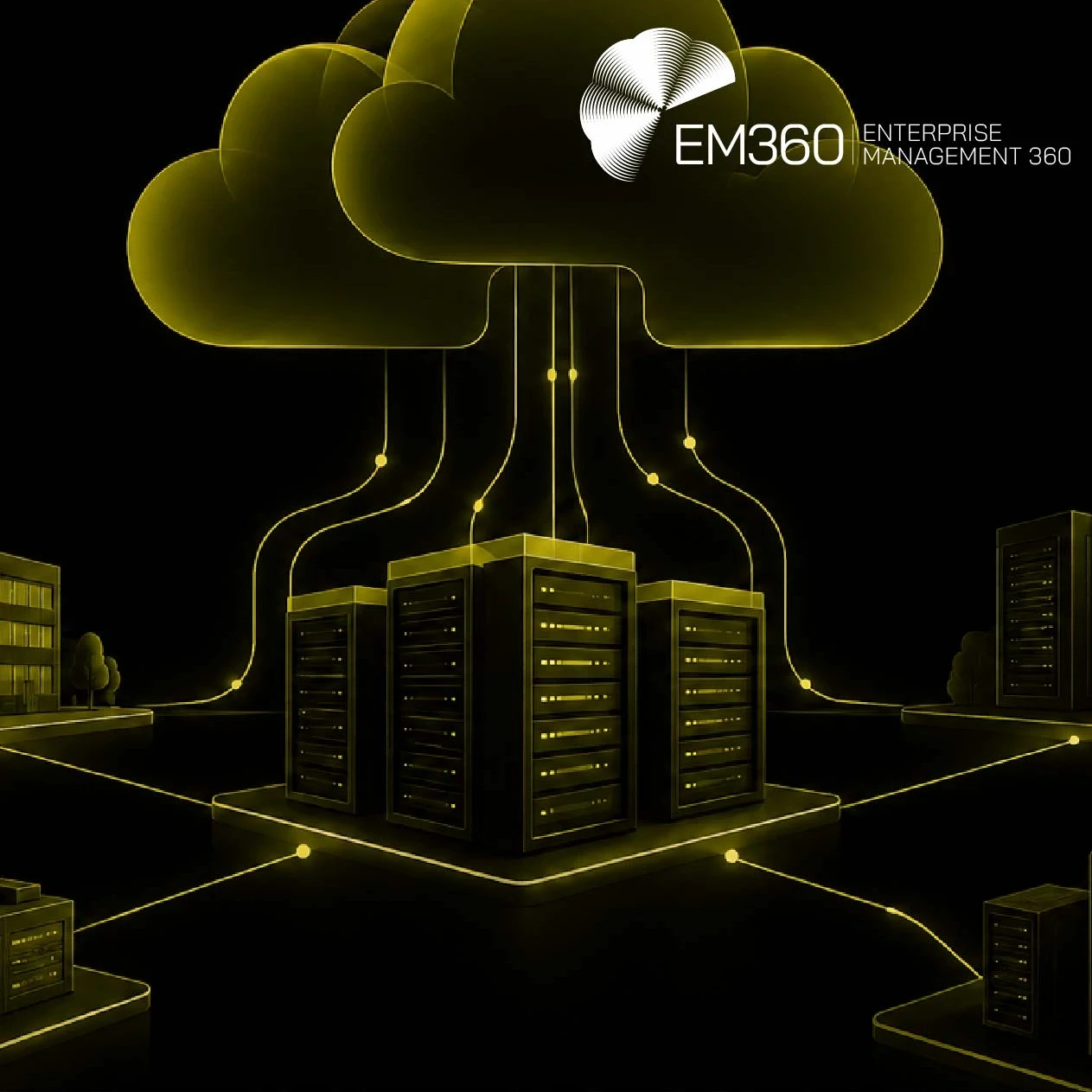 Black header graphic with olive cloud, connected server racks and buildings. White text reads “Neoclouds and AI Infrastructure Sourcing” with the subtitle “We look at where neoclouds fit into enterprise AI infrastructure sourcing and what leaders should consider before depending on them.” EM360 Enterprise Management 360 logo appears at the top.