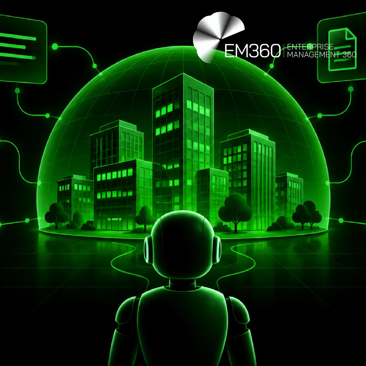 Black and neon-green header graphic showing a robot facing a glowing simulated city connected to panels representing people, support, analytics, documents, communications and databases. White text reads “Enterprise AI Benchmarks Need Fake Companies” and “We look at how synthetic enterprises could give AI buyers more realistic, reproducible evidence of agent performance without exposing real company data.” EM360 Enterprise Management 360 logo at the top. 
