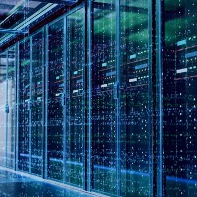 Image showing a room of multiple computer servers behind glass doors