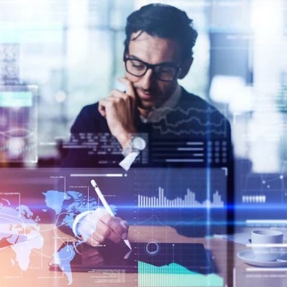 A person working on a tablet with data insights charts overlaid in pastel neon colours