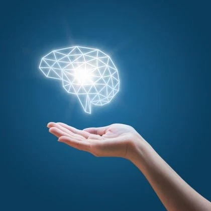 Someone holding a line drawing of a human brain in white