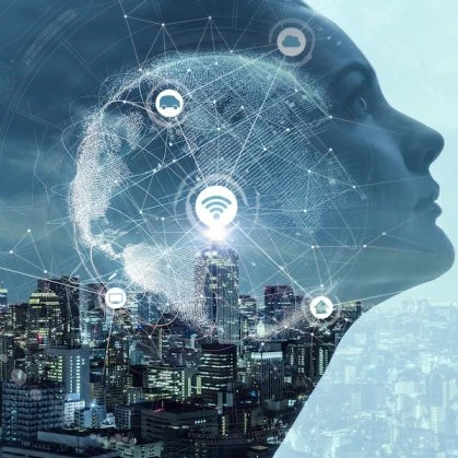 Graphic of a person's profile overlaid on a cityscape with connectivity logos (wifi, phone, tablet) dispersed over the face