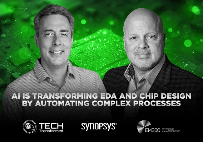 AI-powered chip design workflow visual showing semiconductor engineers using advanced EDA tools from silicon to system-level integration.