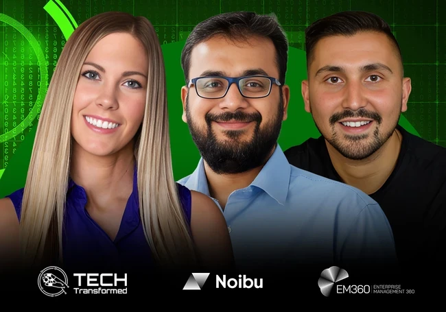 Christina Stathopoulos hosting Tech Transformed podcast with Kailin Noivo (Noibu) and Rohit Nathany (Mejuri) discussing ecommerce data, AI, and revenue growth.