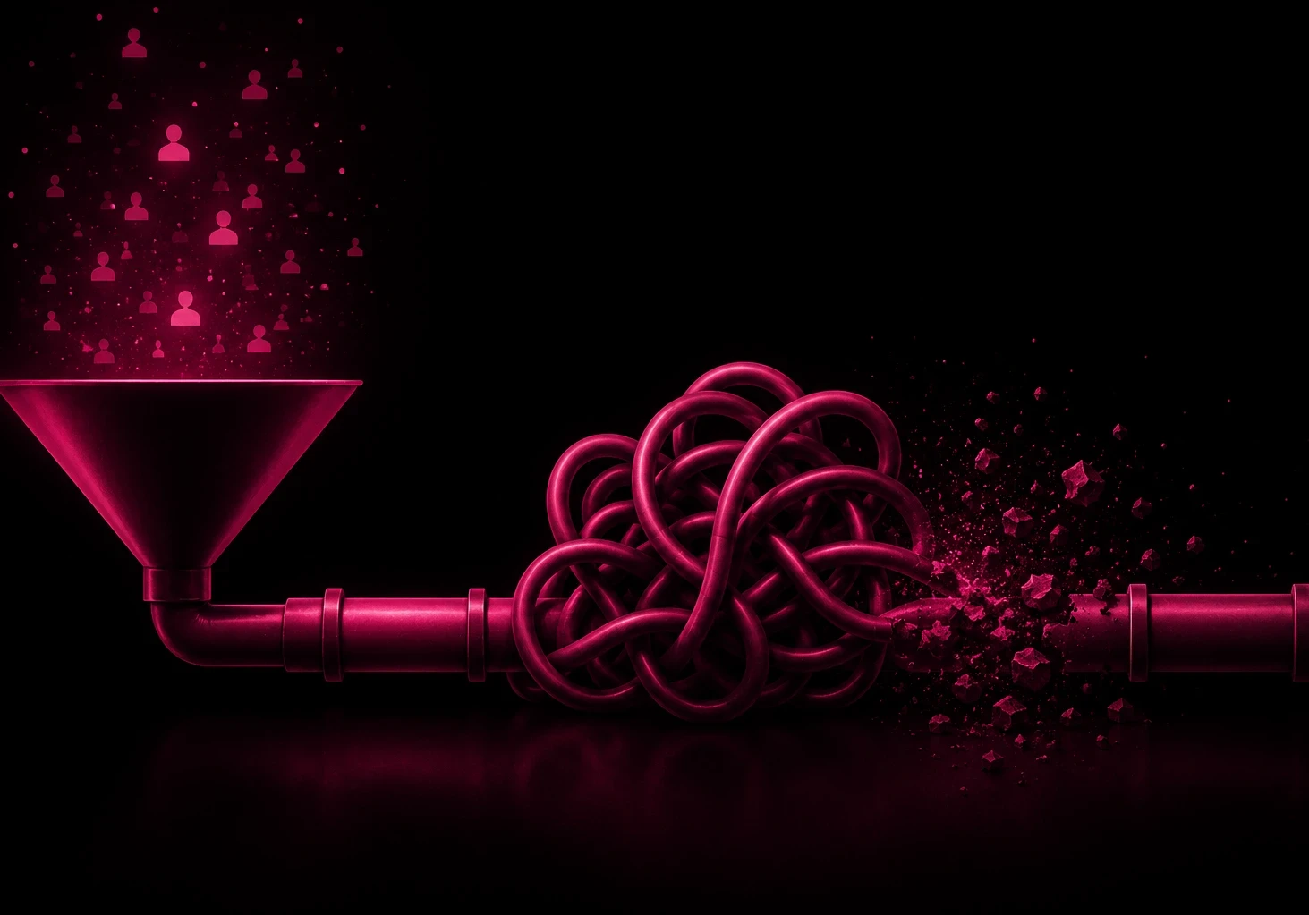 EM360Tech header graphic titled "The Hidden Cost Of Sending Sales Teams Unready Buyers" featuring a black background with deep dark magenta accents. On the left, buyer icons flow into a funnel connected to a pipeline that becomes tangled in the centre before breaking apart into fragments on the right, representing unready buyers creating bottlenecks and hidden costs within the sales pipeline. The EM360 logo appears in the top-right corner. 