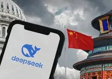 what is deepseek. image depicts deepseek app on mobile with background depicting US and Chinese national symbols: The Capitol in Washington DC and Temple of Heaven in Beijing with national flags. 